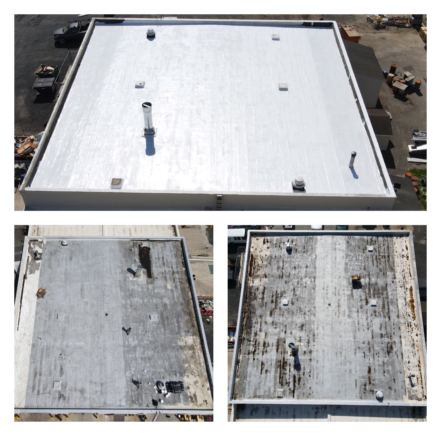 Aerial comparison of weathered commercial flat roofs and a freshly coated white membrane roof