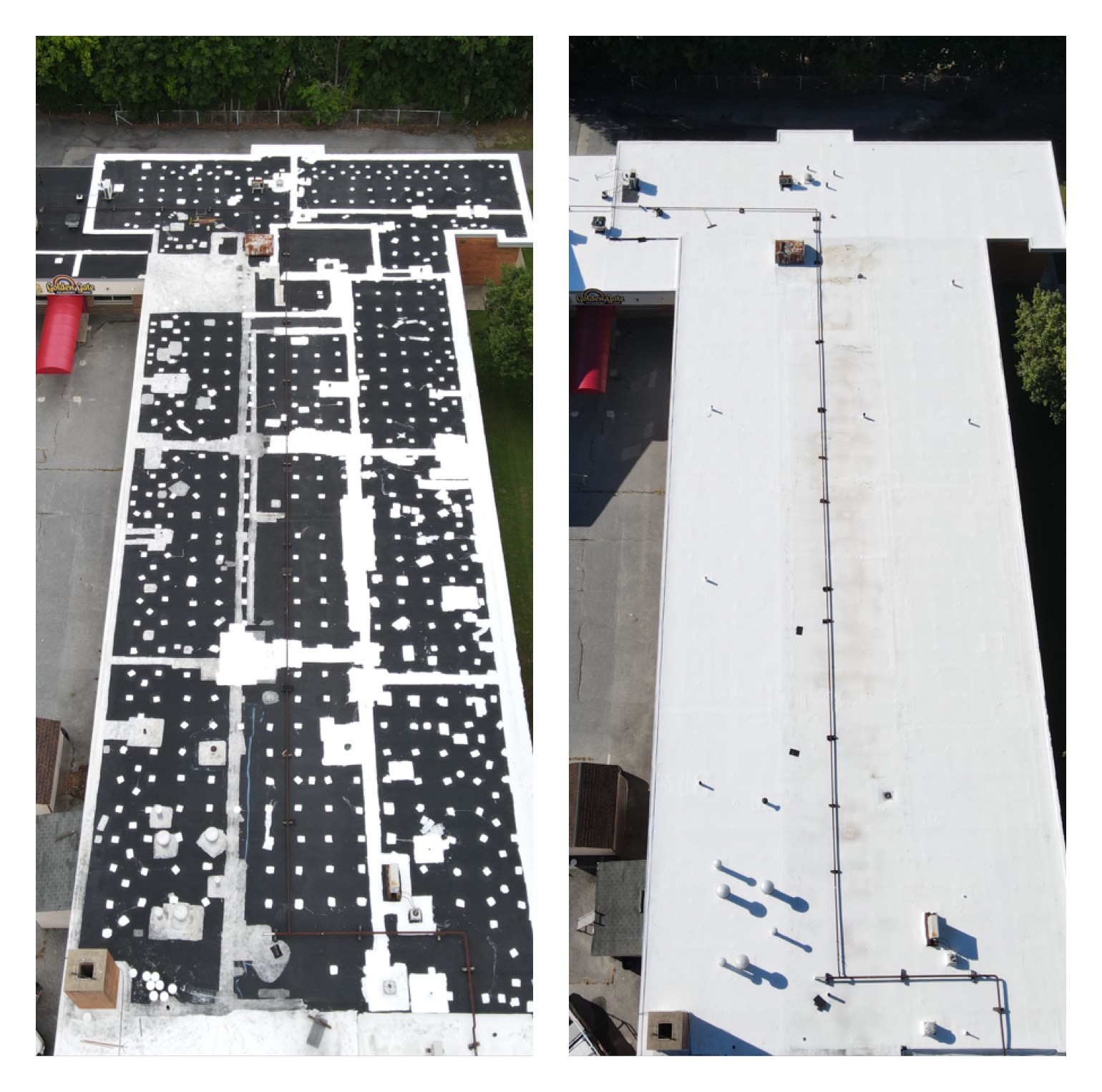 Side-by-side before and after of a commercial flat roof showing torn black membrane and finished white coating