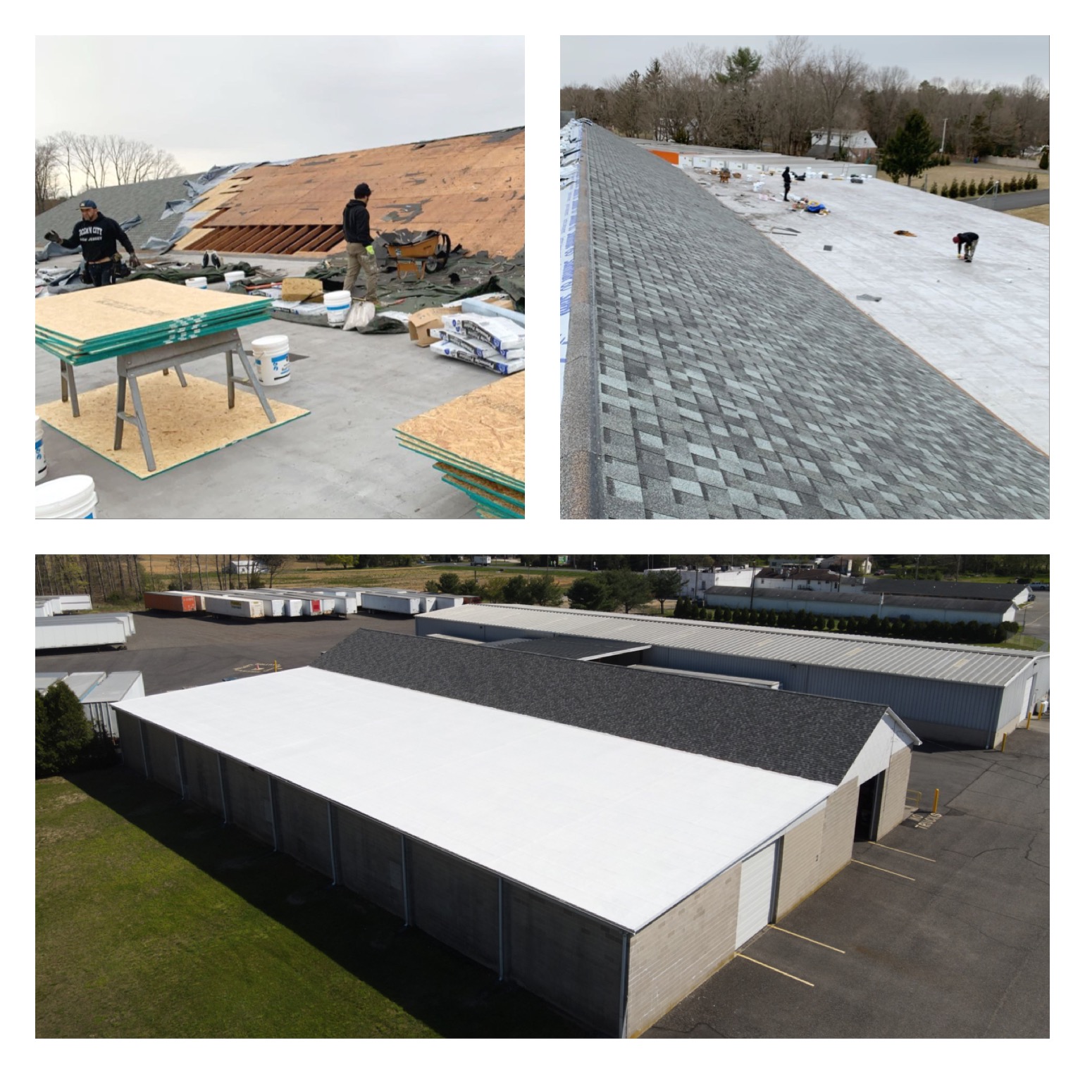 Commercial roofing crew tearing off shingles and installing new decking with finished shingle and flat roof sections